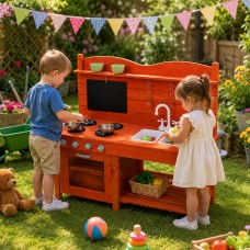 Neo Red Wooden Outdoor Mud Kitchen Kids Garden Play Double Sink